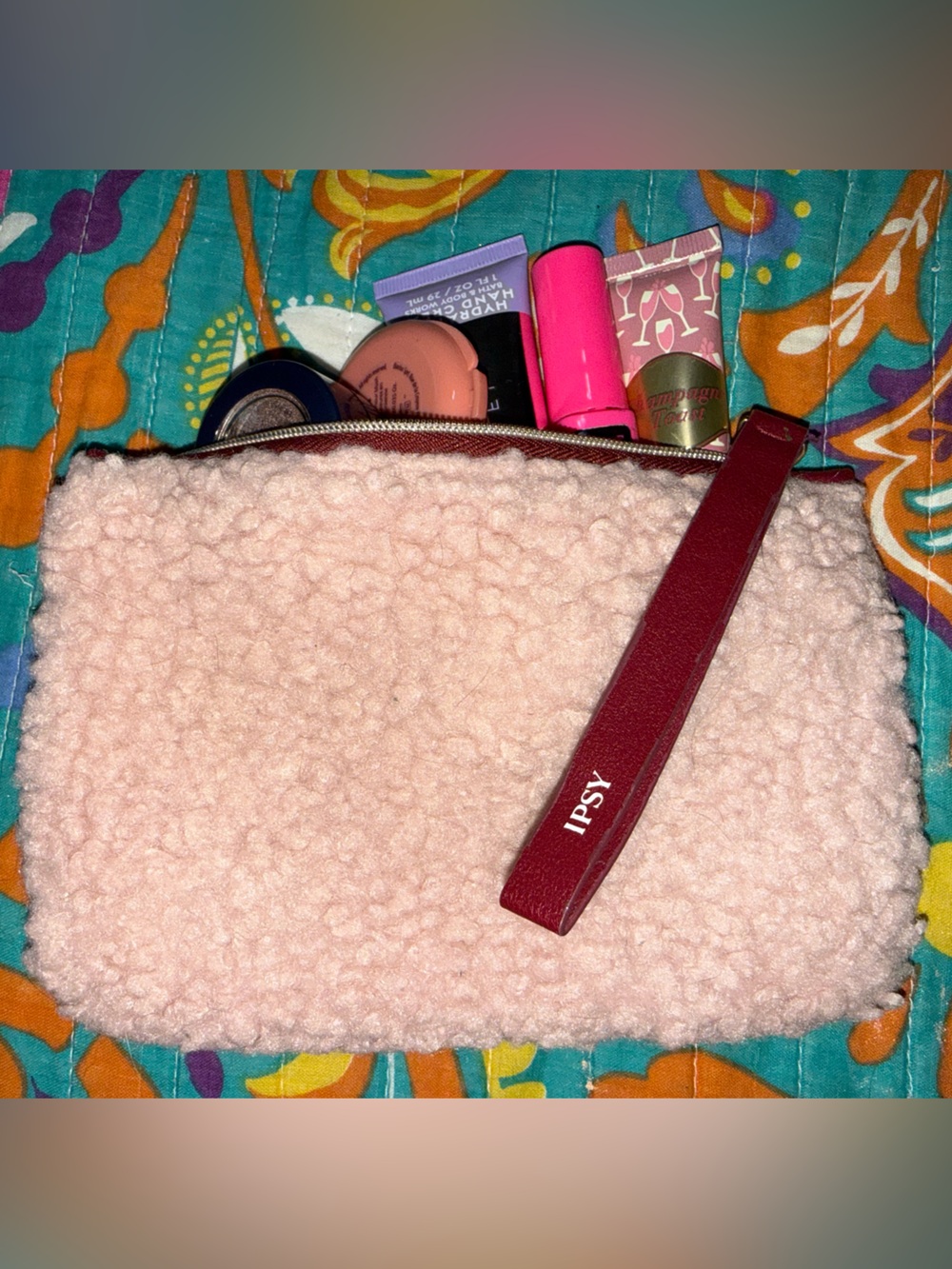 ipsy Pink Sherpa Cosmetic makeup bag with Burgundy Strap